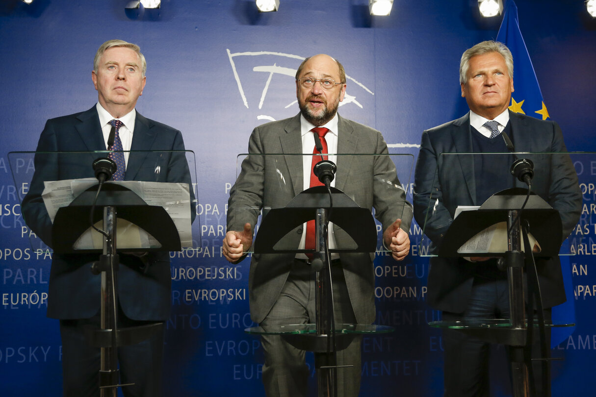 Joint press point on Monitoring Ukraine by Martin SCHULZ, EP President, Pat COX, former EP President and Aleksander KWASNIEWSKI, former Polish President