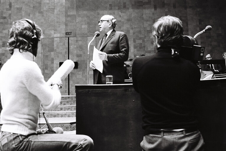 EC President during the Plenary session in Luxembourg in December 1978.Tv crew