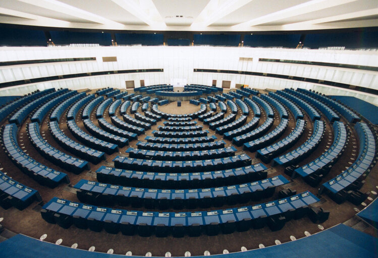 View of the empty Hemicycle of the EP in Strasbourg.