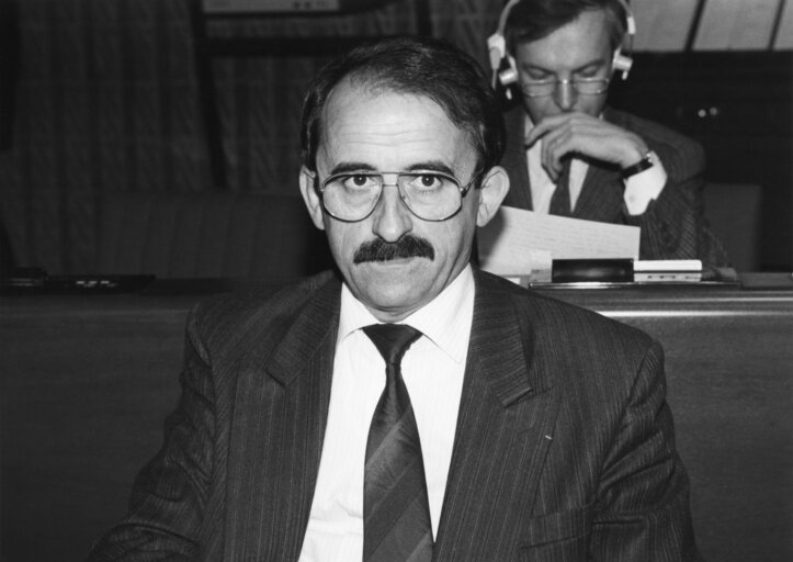 MEP Louis LAUGA attends a plenary session in Strasbourg in November 1989