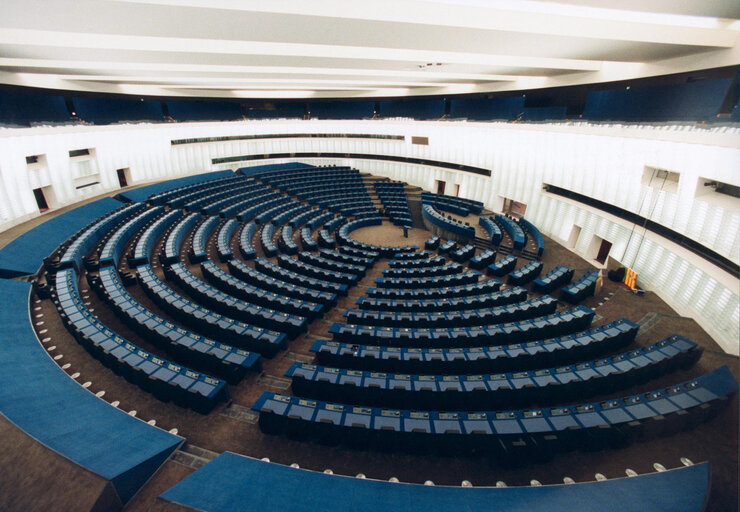 View of the empty Hemicycle of the EP in Strasbourg.