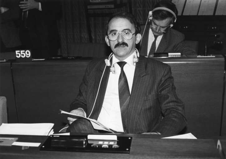 MEP Louis LAUGA attends a plenary session in Strasbourg in November 1989