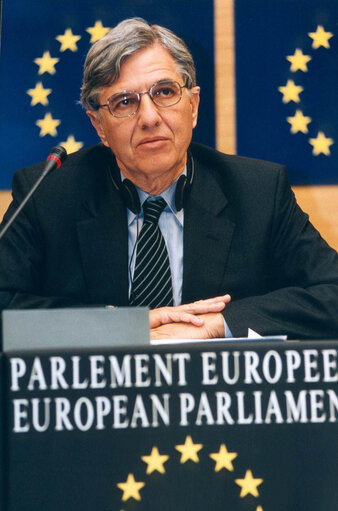 Photo 7 : Greek Minister of European Affairs holds a news conference in Strasbourg following the vote over the accession of 10 new member countries to the EU