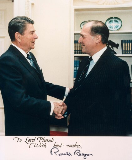 U.S. President Ronald Reagan meets with MEP Lord Henry PLUMB