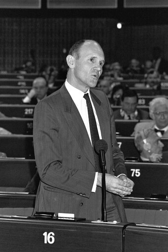 MEP Sir Christopher J. PROUT attends a plenary session in Strasbourg in July 1989