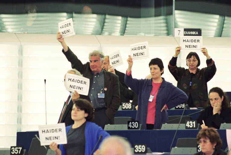 Formal sitting with the President of Austria, Thomas KLESTIL, in Strasbourg - Protest against Jorg HAIDER