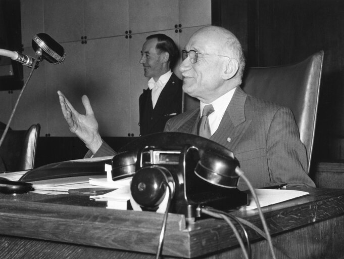 Robert SCHUMAN during the Constitutive session of the new European Parliamentary Assembly on the 19th of March 1958