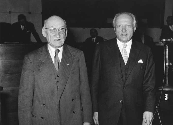 Robert SCHUMAN and Hans FURLER during the Constitutive session of the new European Parliamentary Assembly on the 19th of March 1958