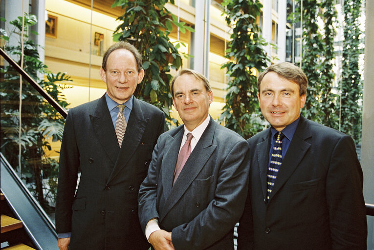 MEPs Edward McMILLAN-SCOTT, Timothy KIRKHOPE and Robert GOODWILL in a meeting at the European Parliament in Strasbourg