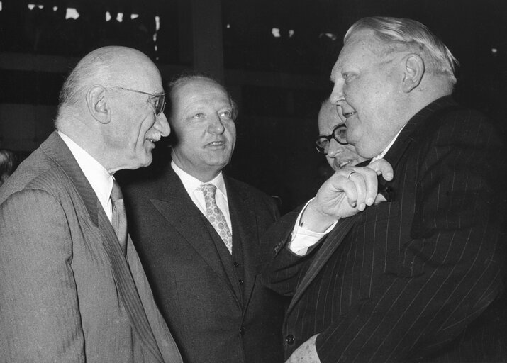 Robert SCHUMAN and Hans FURLER during the Constitutive session of the new European Parliamentary Assembly on the 19th of March 1958