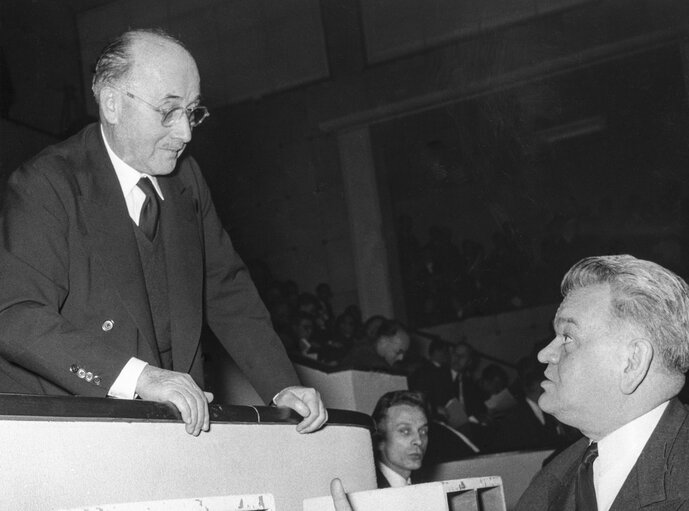 Robert SCHUMAN during the Constitutive session of the new European Parliamentary Assembly on the 19th of March 1958