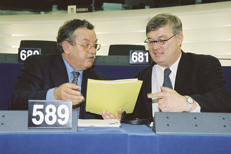 Zdjęcie 4: MEPs Gerhard HAGER and Hans KRONBERGER in Plenary Session in Strasbourg in March 2001