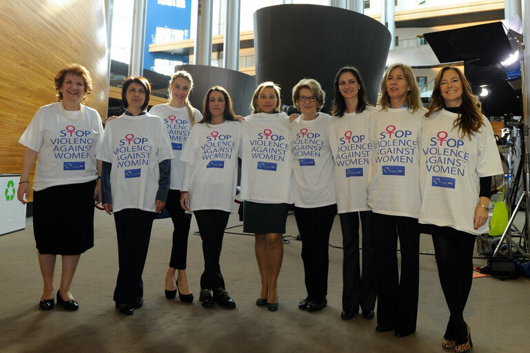 Photo 3: MEPs wear T-Shirts with Stop Violence Against Women