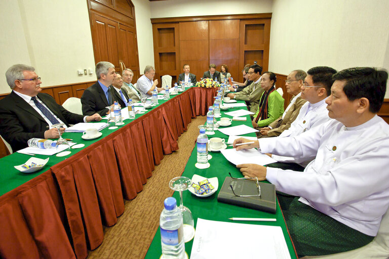 MEETING  OF THE MEMBERS FROM THE EUROPEAN PARLIAMENT WITH THE POLITICAL PARTIES FROM MYANAMAR   Chairman Werner LANGEN Member Germany Christlich Demokratische Union Deutschlands ); Vice-Chair.Ivo BELET Member Belgium Christen-Democratisch & Vlaams ); David Lipman; Wolf KLINZ and Vice-Chair Robert GOEBBELS and and opposite them U Khin Maung Gyi from the NUP; Dan Cho Cho Kyan and U Thu Wai from the Democratic Party Myanmar and Mr. Win Aung Kyan and Mr Aung My Int from the USDP.