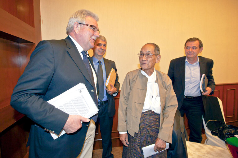 MEETING  OF THE MEMBERS FROM THE EUROPEAN PARLIAMENT WITH THE POLITICAL PARTIES FROM MYANAMAR.    Chairman Werner LANGEN Member Germany Christlich Demokratische Union Deutschlands ); Vice-Chair.Ivo BELET Member Belgium Christen-Democratisch & Vlaams ); U Thu Wai from the Democratic Party Myanmar; Marian-Jean MARINESCU Vice-Chair Romania Partidul Democrat-Liberal speak after the end of the meeting.