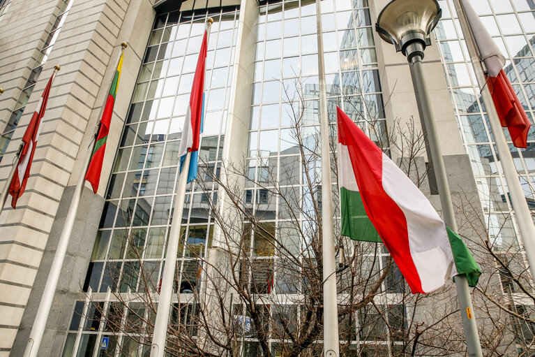 Fotografia 3: Hungarian flag at half-mast at the European Parliament in Brussels