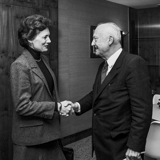 Pierre PFLIMLIN - EP President meets with Catherine LALUMIERE, Secretary of State in charge of European Affairs at the EP in Strasbourg in January 1985