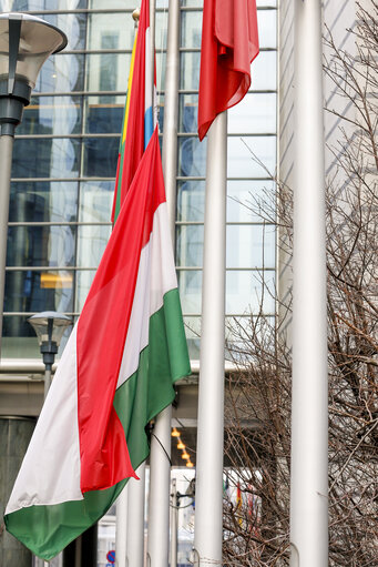 Hungarian flag at half-mast at the European Parliament in Brussels