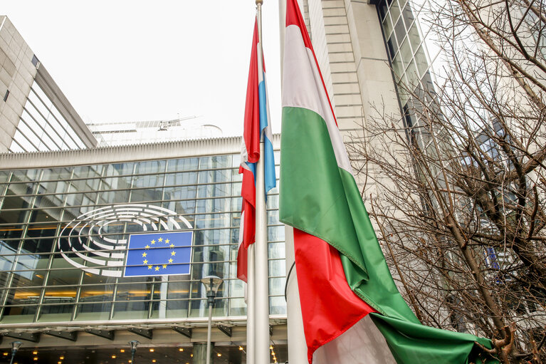 Fotografie 8: Hungarian flag at half-mast at the European Parliament in Brussels