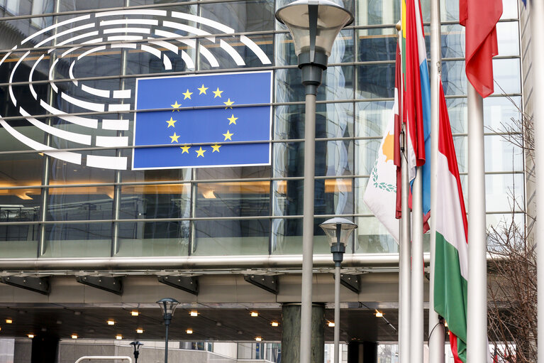 Hungarian flag at half-mast at the European Parliament in Brussels