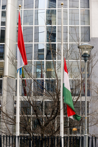 Hungarian flag at half-mast at the European Parliament in Brussels