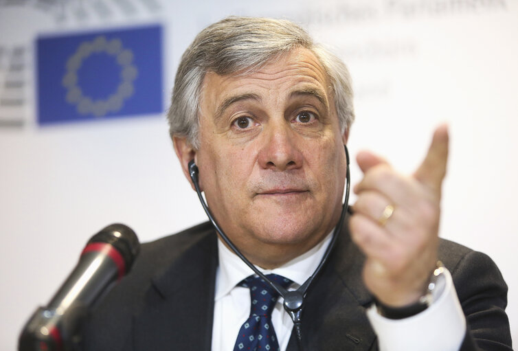 Fotogrāfija 3: Official visit of the President of the European Parliament to Germany - Antonio TAJANI, president of the European parliament, attends a press conference on February 24, 2017, in Berlin, Germany.