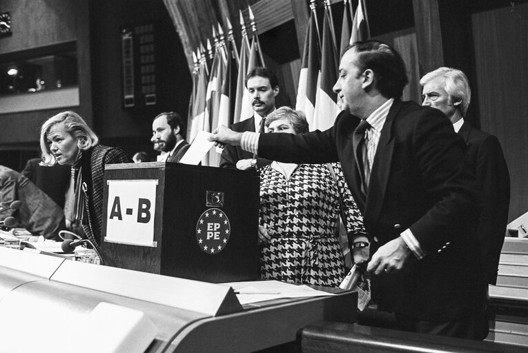 MEPs voting during the election of the new EP President in a plenary session in Strasbourg on the 20th of January 1987