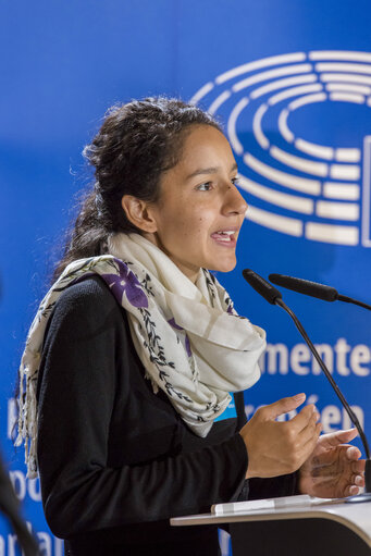 Φωτογραφία 1: Joint press point by Elena VALENCIANO, Chair of EP DROI Committee and by Bertha ZUNIGA CACERES, daughter of Berta CACERES, Honduran environmental activist