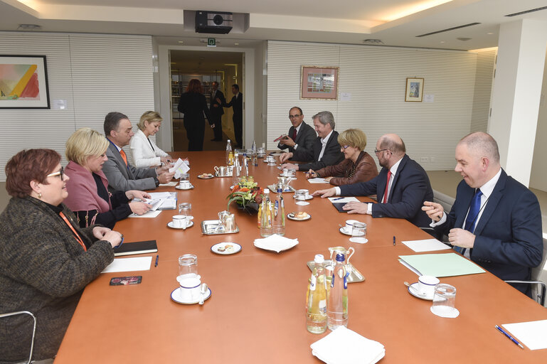 Photo 1 : Martin SCHULZ - EP President attends a meeting with Jeanine HENNIS-PLASSCHAERT, Jo LEINEN and Danuta Maria HUBNER