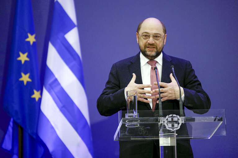 Fotografia 23: President Martin Schulz during a press conference with Greek Prime Minister Antoni Samaras the Hilton Hotel, in Athens,Greece on November 26 2013.