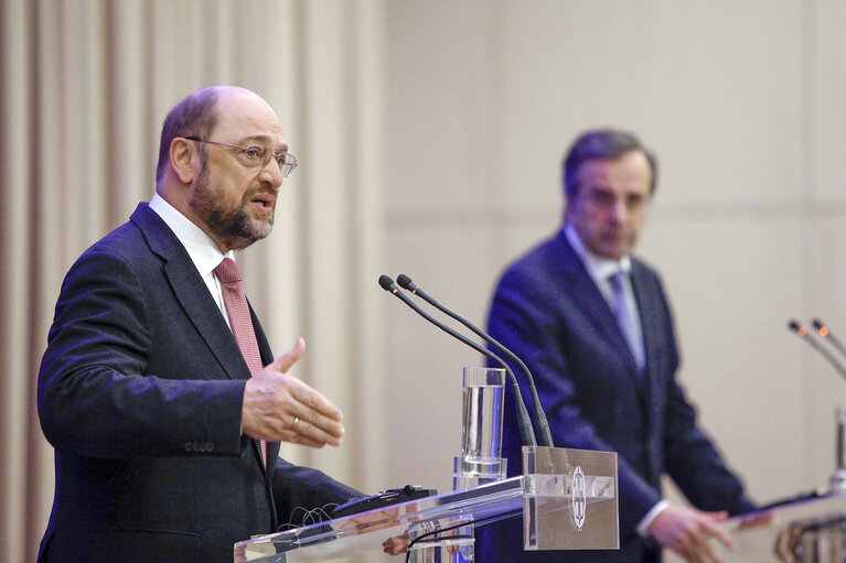 Suriet 20: President Martin Schulz during a press conference with Greek Prime Minister Antoni Samaras the Hilton Hotel, in Athens,Greece on November 26 2013.