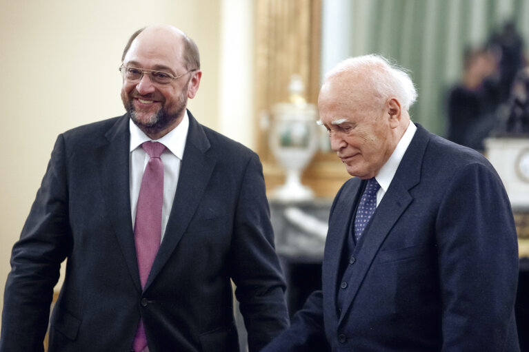 Suriet 15: President Martin Schulz during a meeting with Mr Karolos Papoulias, President of the Greek Republic in Athens,Greece on November 26 2013.