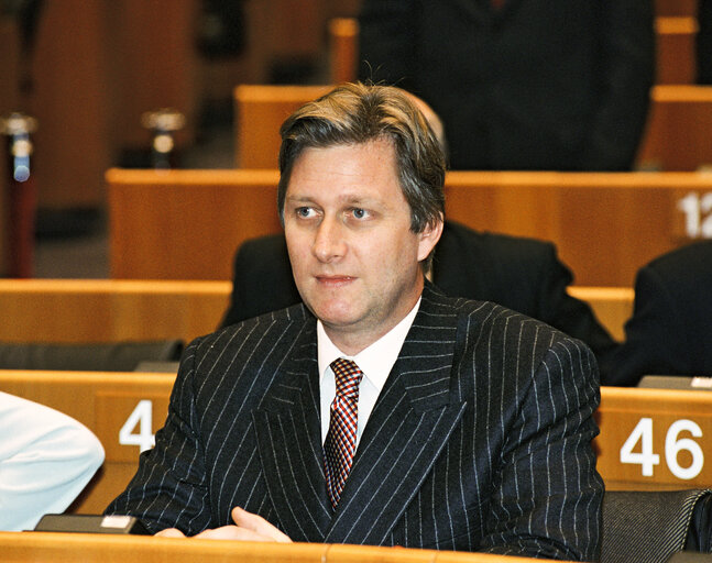 Visit of Princess Mathilde of Belgium and Prince Philippe of Belgium to the European Parliament in Brussels to attend an academic session on the opening of 'Brussels 2000', on February 25, 2000.