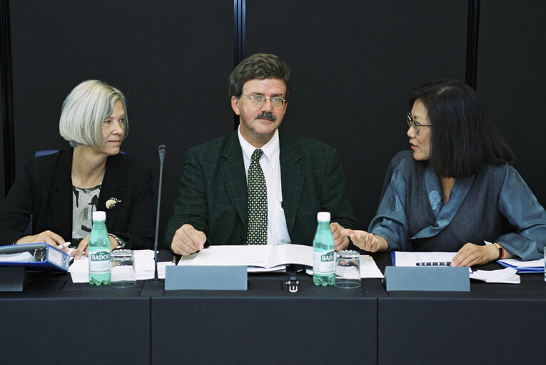 The MEPs Ulla Margrethe SANDBAEK, Thomas MANN during a meeting in Strasbourg in October 1999.