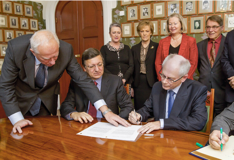 Meeting with Members of the Norwegian Nobel Committee and employees of the Nobel Institute and signing of formal papers