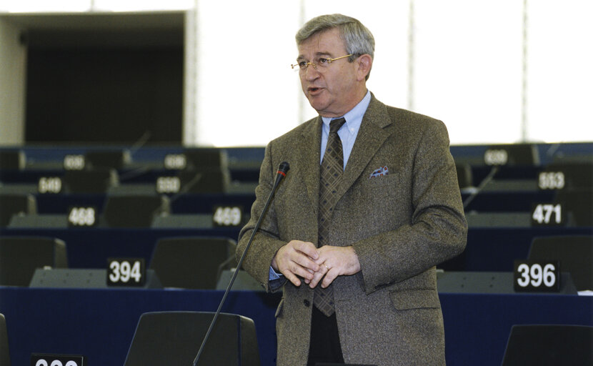 Photo 1 : Christos Folias standing in the hemicycle of the European Parliament in Strasbourg in March 2002