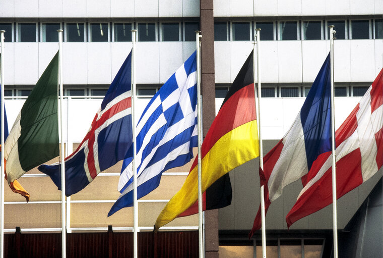 Photo 25: Flags of some country members of the European Union floating in the wind
