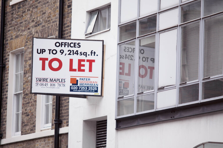 For sale signs in the streets of London indicate the great impact the EU financial crisis is having on businesses and people in the UK.