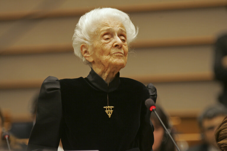 The European Parliament receives Nobel prize winners at the EP in Brussels.