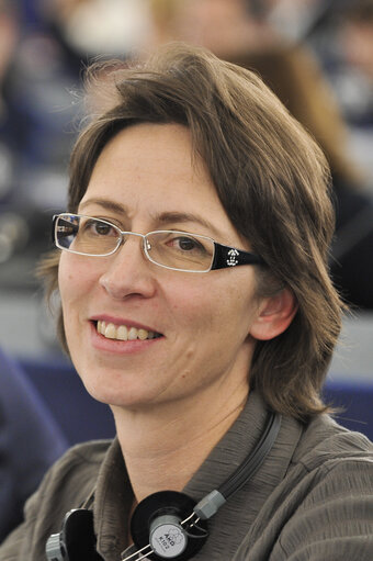 Sari Essayah during votes, plenary session in Strasbourg week 43