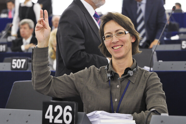 Sari Essayah during votes, plenary session in Strasbourg week 43