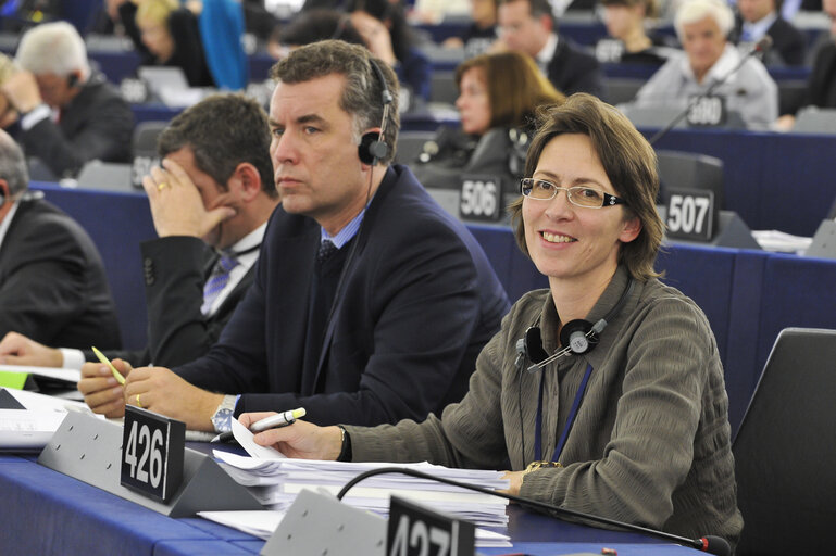 Sari Essayah during votes, plenary session in Strasbourg week 43