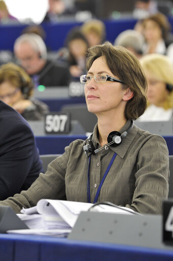 Sari Essayah during votes, plenary session in Strasbourg week 43