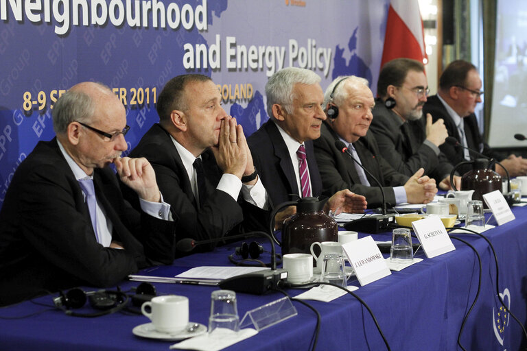 Photo 17: European Parliament President Jerzy Buzek takes part in the meeting of the EPP Group Bureau in Wroclaw  From the left side : Janusz Lewandowski - European Commissioner for Budget, Grzegorz Schetyna - speaker of the Lower House of the Polish Parliament, Jerzy Buzek - President of the European Parliament, Joseph Daul - Chairman of the EPP Group in the European Parliament and Jacek Saryusz-Wolski - Head of the Polish Delegation of the EPP.
