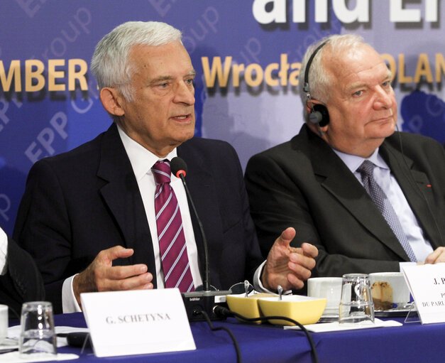 Photo 4: European Parliament President Jerzy Buzek /L/ and Chairman of the EPP Group in the European Parliament Joseph Daul /R/ take part in the meeting of the EPP Group Bureau in Wroclaw