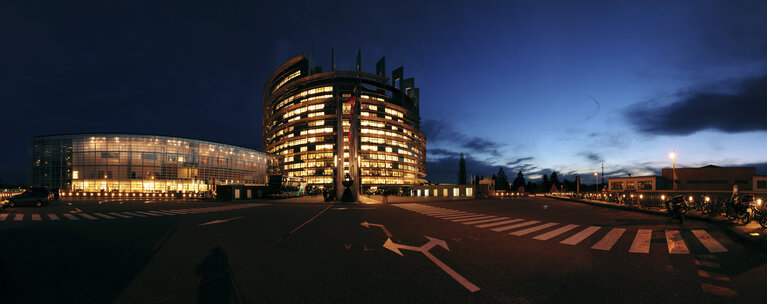 Panoramic night view on the European Parliament building Louise Weiss in Strasbourg - LOW