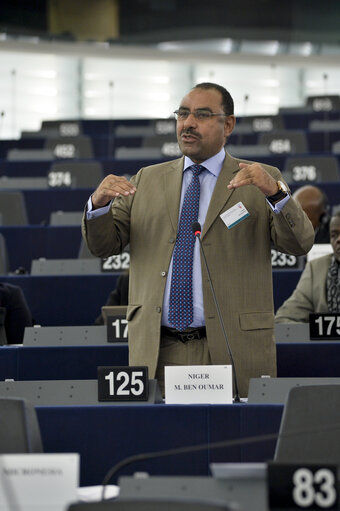 Photo 1 : 28th ACP-EU Joint Parliamentary assembly in Strasbourg  Sitting ' The social and economic consequences of malnutrition in ACP countries '  Statement of Commissioner in charge of international cooperation and development