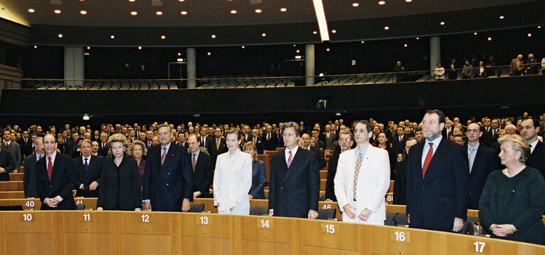 Suriet 5: Visit of Princess Mathilde of Belgium and Prince Philippe of Belgium to the European Parliament in Brussels to attend an academic session on the opening of 'Brussels 2000', on February 25, 2000.