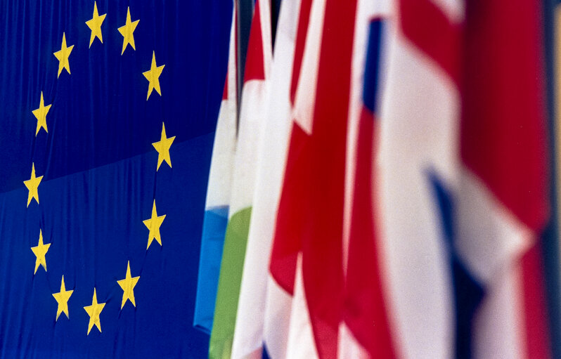 Photo 12: European flag with various flags of country members of the European Union floating in the wind