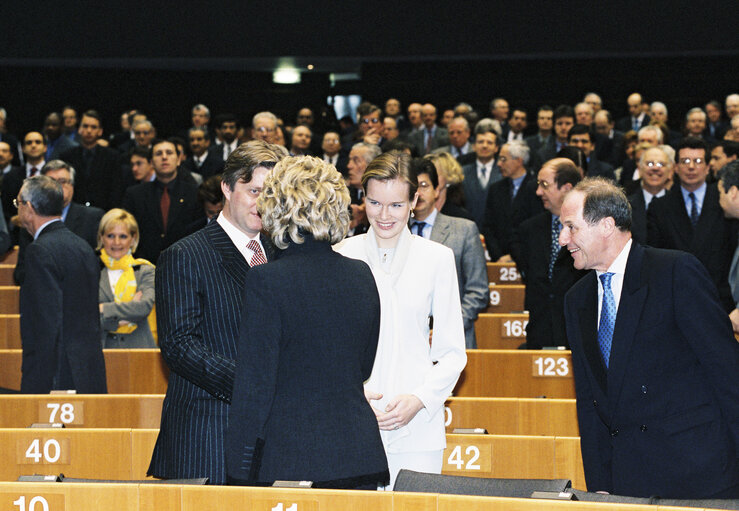 Suriet 12: Visit of Princess Mathilde of Belgium and Prince Philippe of Belgium to the European Parliament in Brussels to attend an academic session on the opening of 'Brussels 2000', on February 25, 2000.